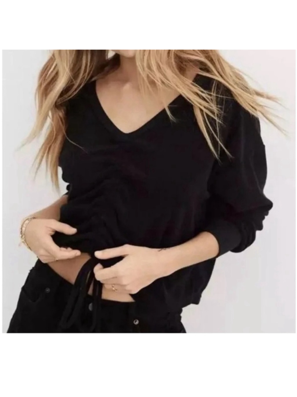 Aerie Black Terry Cloth Sweatshirt with Cinched Back/Front Size Medium